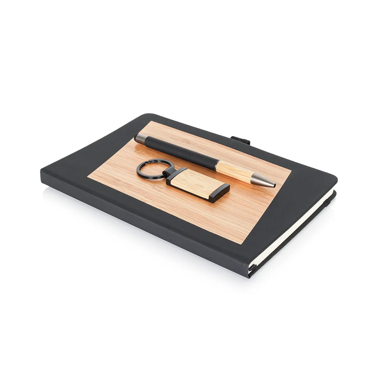 Eco-friendly bamboo corporate gift sets with notebook pen and keychain