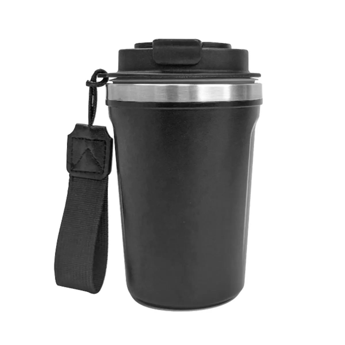 drinkwares-Black Stainless Steel Thermal Travel Mug with Strap